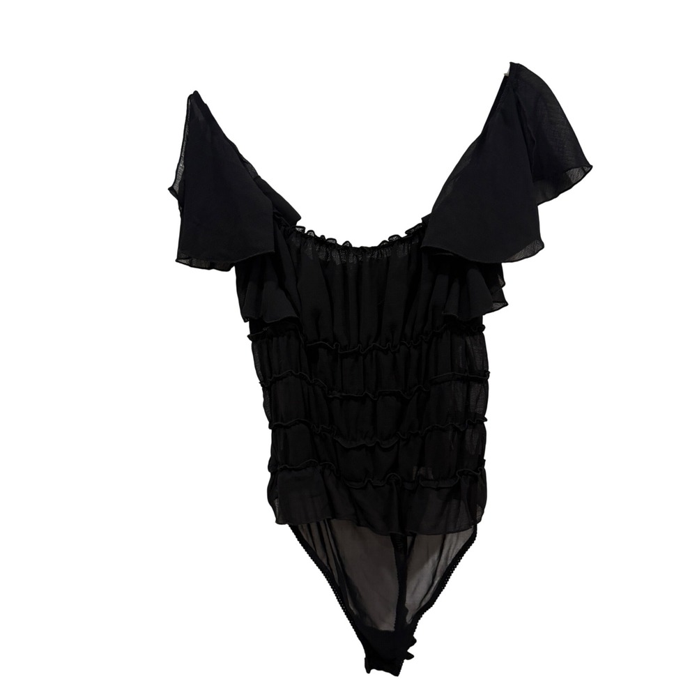 Intimately Free People Black Sheer Ruffle Smocked Off‎ Shoulder Bodysuit Small